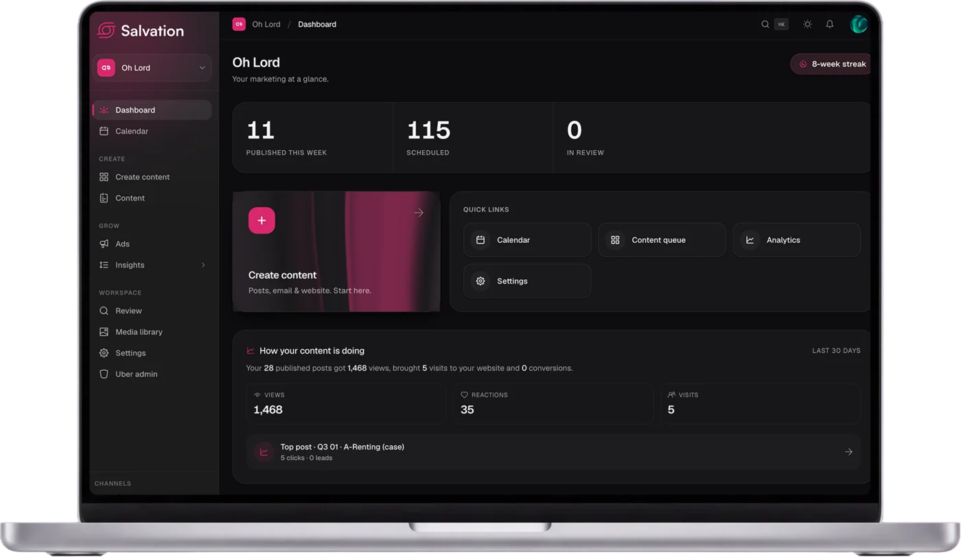 Het dashboard van Salvation op een laptop